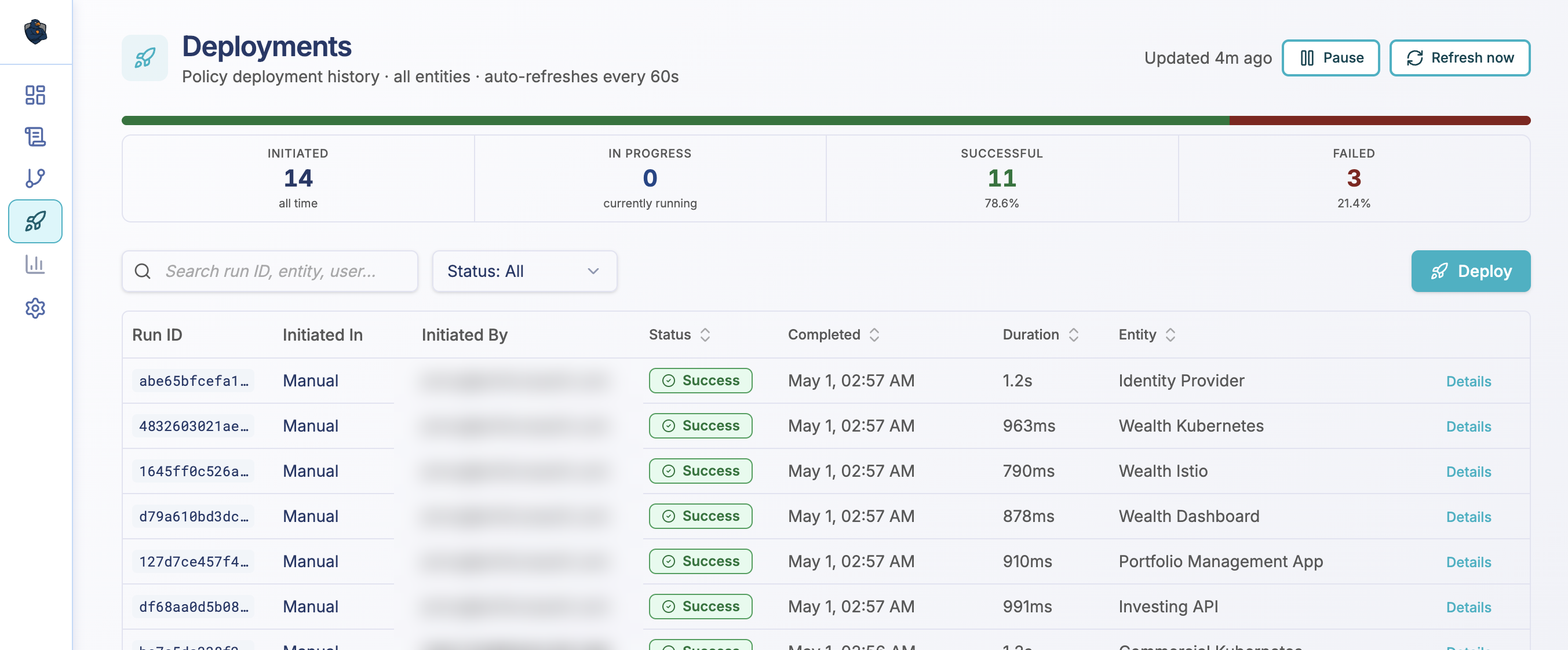 EnforceAuth deployments — policy deployment history across all entities